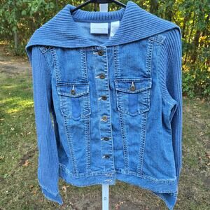Liz Claiborne Denim Jean Jacket Knit Sleeves Shawl Collar Pocket Cuff Trim sz 14